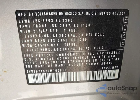 2020 Volkswagen Tiguan 2.0T Se/2.0T Se R-Line Black/2.0T Sel from USA, damaged, VIN 3VV3B7AX2LM106819